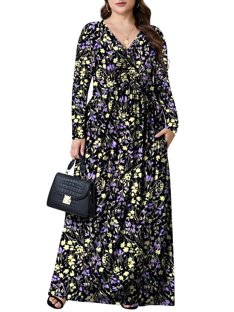 PEVRL Plus Size Maxi Dresses for Curvy Women V Neck Casual Long Dress with Pockets Purple Yellow Wildflowers 3X - Image 2