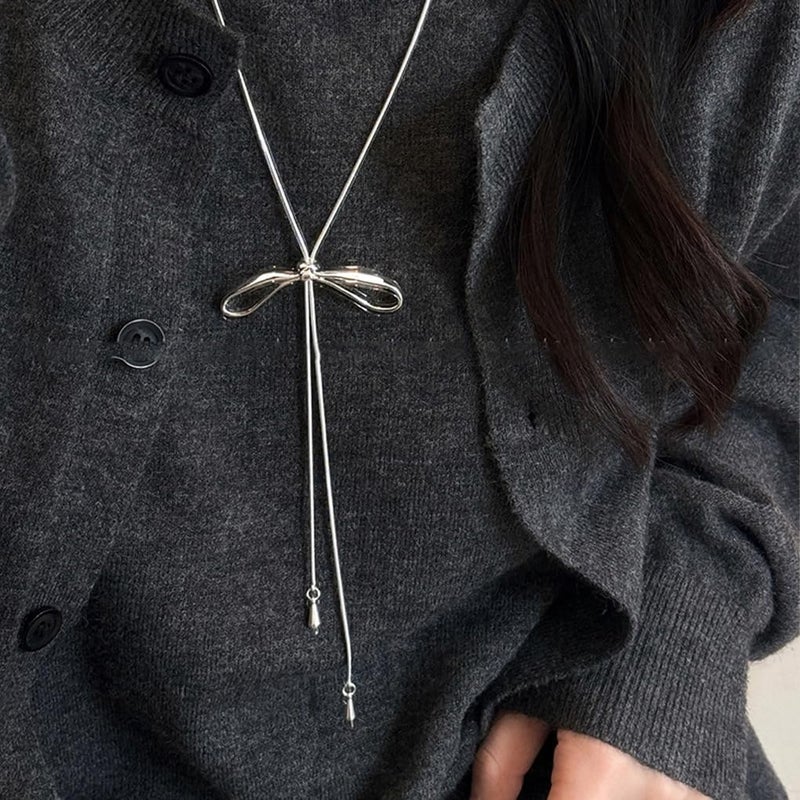 FUTIMELY Dainty Long Gold Necklace for Women,Thin Herringbone Chain Necklace,Long Lariat Necklace Body Jewelry (Bow Silver) - Image 4