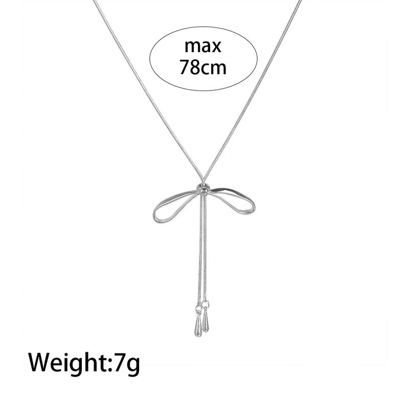 FUTIMELY Dainty Long Gold Necklace for Women,Thin Herringbone Chain Necklace,Long Lariat Necklace Body Jewelry (Bow Silver) - Image 2