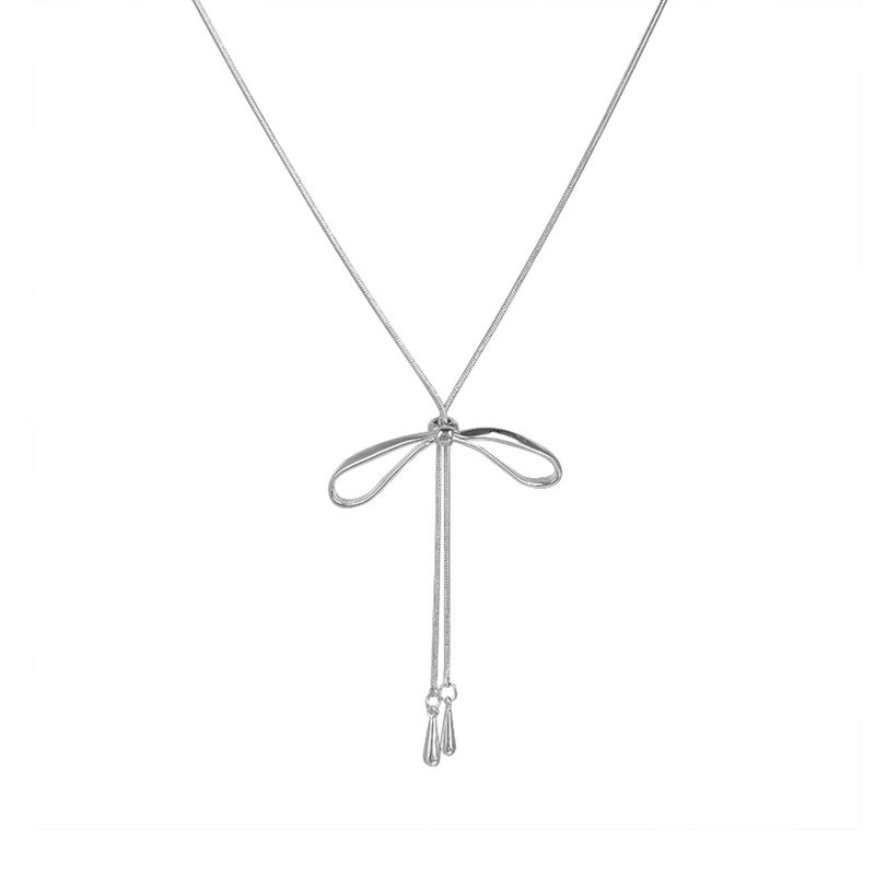 FUTIMELY Dainty Long Gold Necklace for Women,Thin Herringbone Chain Necklace,Long Lariat Necklace Body Jewelry (Bow Silver) - Image 1