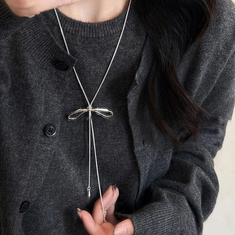 FUTIMELY Dainty Long Gold Necklace for Women,Thin Herringbone Chain Necklace,Long Lariat Necklace Body Jewelry (Bow Silver) - Image 3