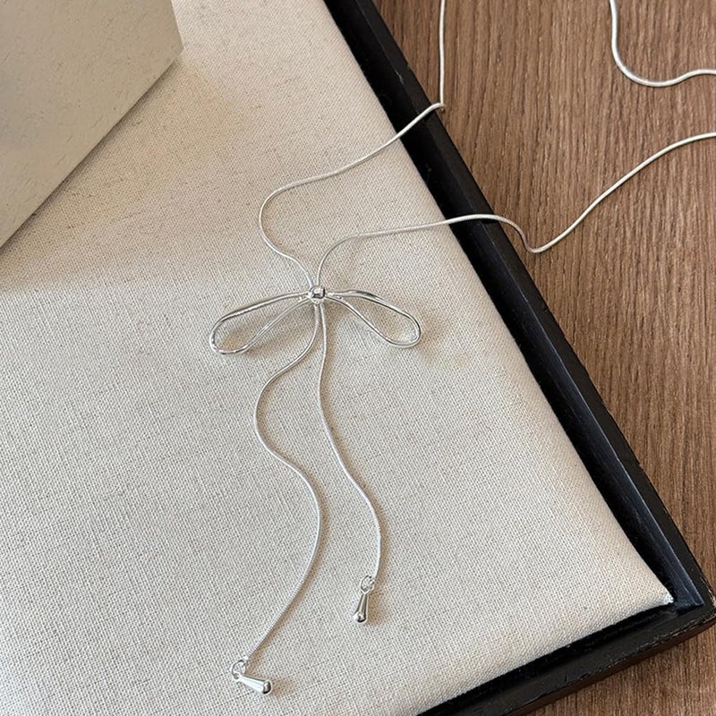 FUTIMELY Dainty Long Gold Necklace for Women,Thin Herringbone Chain Necklace,Long Lariat Necklace Body Jewelry (Bow Silver) - Image 5