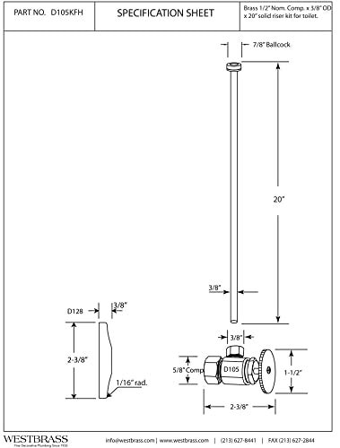 Westbrass D105KFH62 58 x 38 OD x 20 Flat Head Riser Supply Line Kit with Round Handle Angle Supply Shut Off Valve for Toilet Matte Black - Image 3