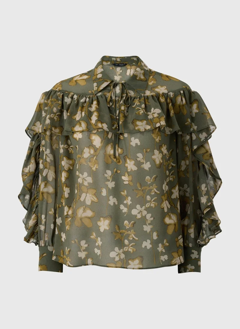 ماتلان Et Vous Olive Floral Frill Blouse
