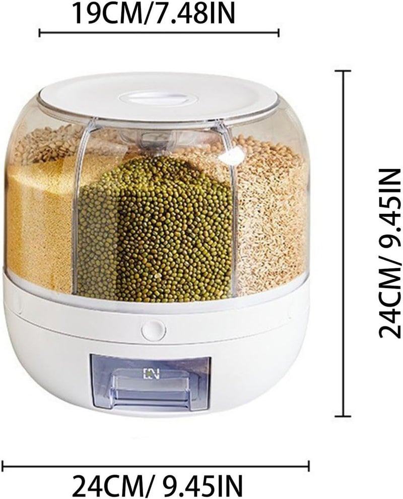 Grain Dispenser, Grain and Rice Storage Container for Kitchen, 360° Rotating 6 Grid Food Storage Container, Rotating Dry Food Dispenser for Rice Red Beans Soya Beans (Light  Gray) - Image 4