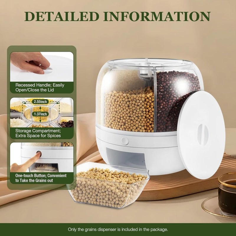 Grain Dispenser, Grain and Rice Storage Container for Kitchen, 360° Rotating 6 Grid Food Storage Container, Rotating Dry Food Dispenser for Rice Red Beans Soya Beans (Light  Gray) - Image 2