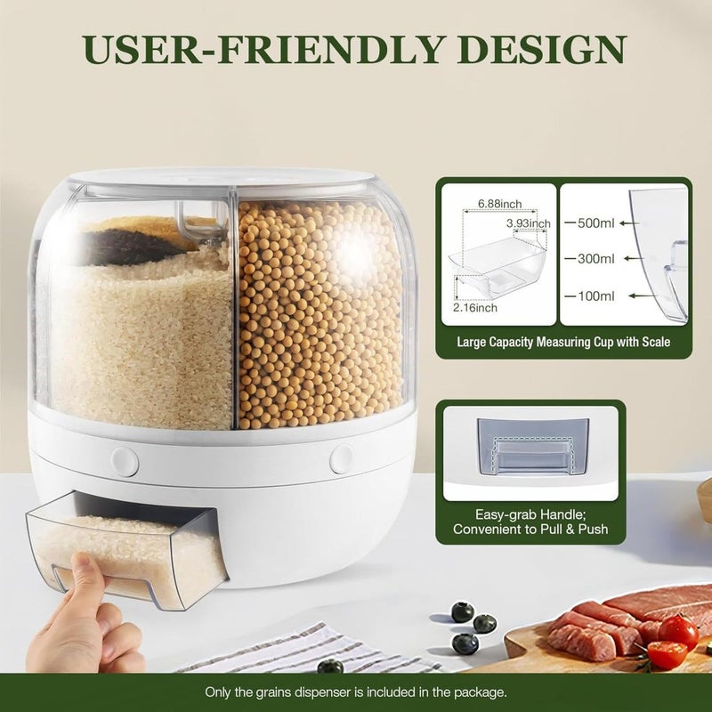 Grain Dispenser, Grain and Rice Storage Container for Kitchen, 360° Rotating 6 Grid Food Storage Container, Rotating Dry Food Dispenser for Rice Red Beans Soya Beans (Light  Gray) - Image 3