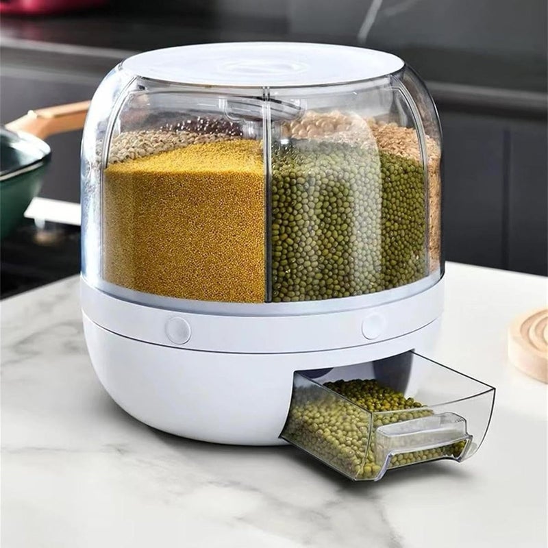 Grain Dispenser, Grain and Rice Storage Container for Kitchen, 360° Rotating 6 Grid Food Storage Container, Rotating Dry Food Dispenser for Rice Red Beans Soya Beans (Light  Gray) - Image 1