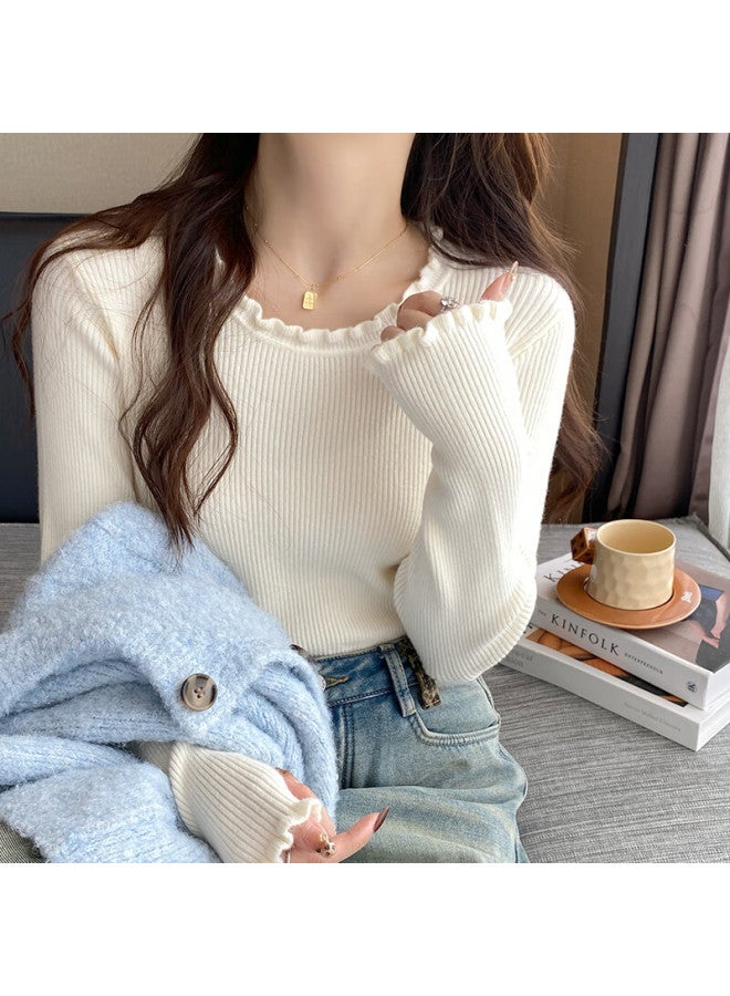Yuzhaolin Ribbed Knit Base Shirt With Ruffled Edges For Women Autumn Winter New Sweater Inner Wear Round Neck Long Sleeve Chanel Style Top - Image 1