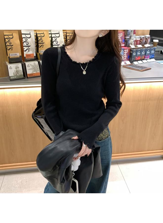 Yuzhaolin Ribbed Knit Base Shirt With Ruffled Edges For Women Autumn Winter New Sweater Inner Wear Round Neck Long Sleeve Chanel Style Top - Image 2