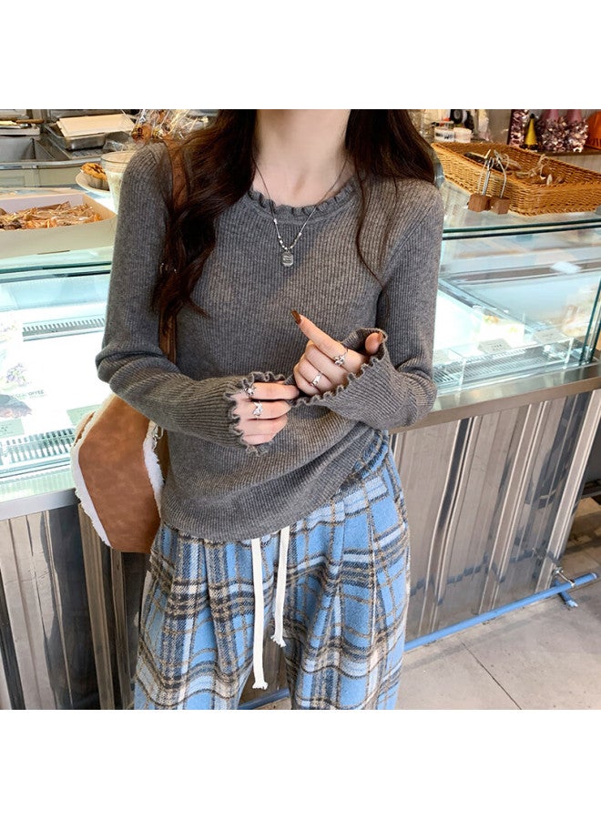 Yuzhaolin Ribbed Knit Base Shirt With Ruffled Edges For Women Autumn Winter New Sweater Inner Wear Round Neck Long Sleeve Chanel Style Top - Image 3