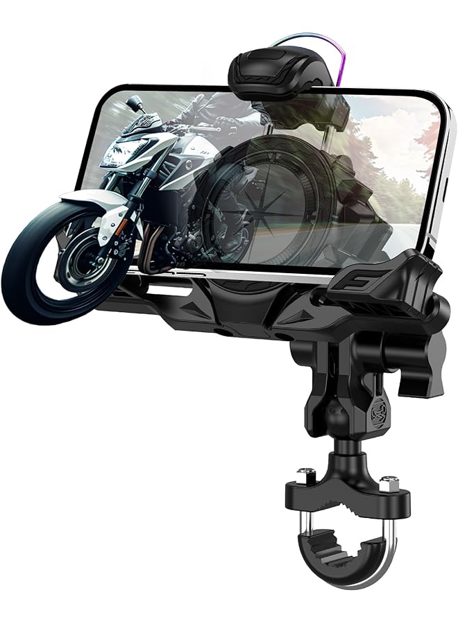 Green Tiger Motorcycle Phone Mount Holder, Anti-Shake Adjustable Handlebar Cellphone Cradle, Clamp for 4.7-7.2" Smartphone, Metal Extension Arm-Dual Vibration Dampener, Suitable for Handlebar Installation - Image 1