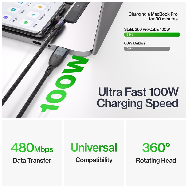 Statik 360 Pro Magnetic Charging Cable - Type C Charger Fast Charging 3 in 1 USB C to USB C Cable, Micro USB & iProduct Tips, USB A Adapter, Fits All Devices - 100W Fast Charger, Black 3FT/1M - Image 4