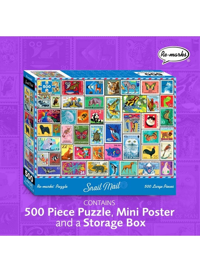 Re-Marks Snail Mail Stamp Collage Jigsaw Puzzle, 500 Large Piece Jigsaw Puzzle For All Ages - Image 1