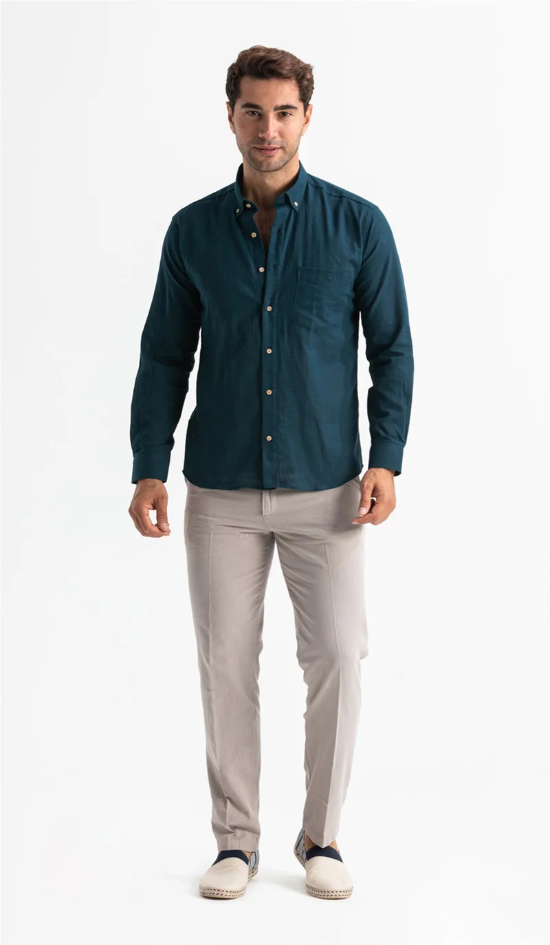 اليش شيل بيزي Long Sleeve Slim Fit Şile Cloth Single Pocket Men's Shirt Dark Petrol 3069