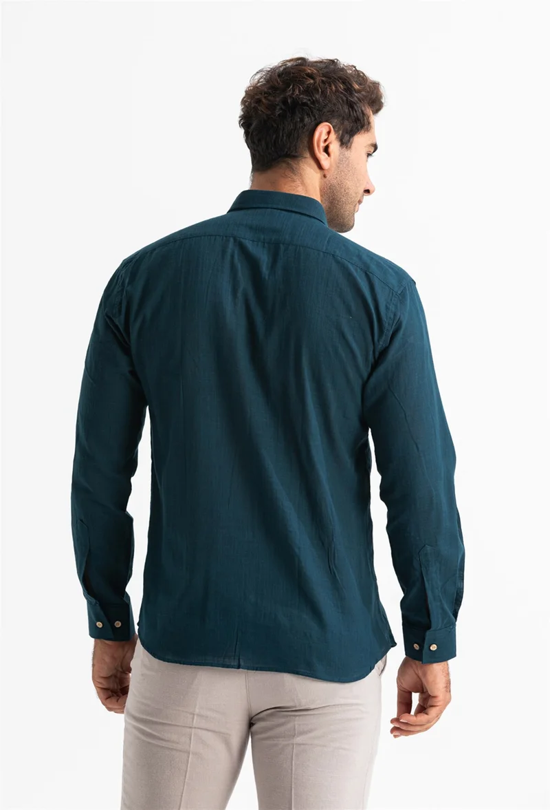 اليش شيل بيزي Long Sleeve Slim Fit Şile Cloth Single Pocket Men's Shirt Dark Petrol 3069
