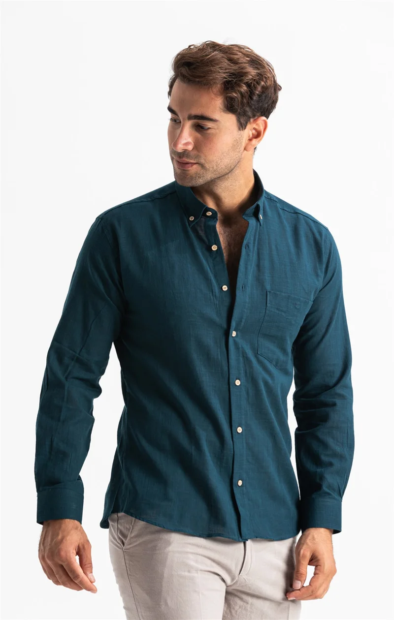 اليش شيل بيزي Long Sleeve Slim Fit Şile Cloth Single Pocket Men's Shirt Dark Petrol 3069