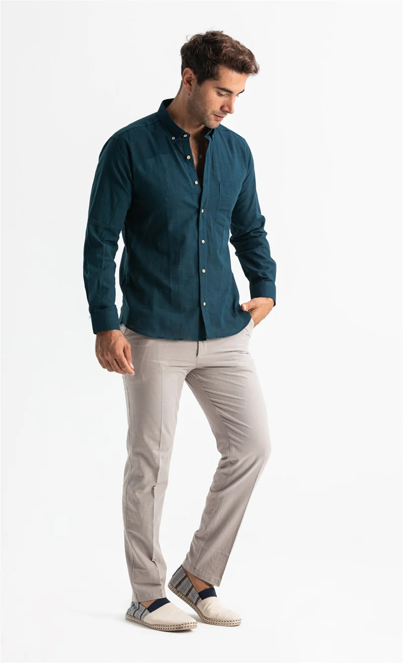 اليش شيل بيزي Long Sleeve Slim Fit Şile Cloth Single Pocket Men's Shirt Dark Petrol 3069