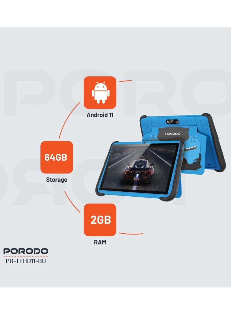 porodo 10.1" Kids Android Tablet with shock-Resistant Case / Screen Protector / x2 Nano Sim / 2MP Camera / Audio Jack / Bluetooth / Wifi / Durable Smart Tablet for Kids - Blue - Image 2