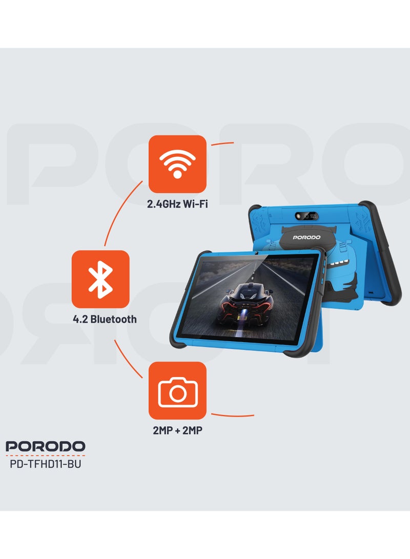 porodo 10.1" Kids Android Tablet with shock-Resistant Case / Screen Protector / x2 Nano Sim / 2MP Camera / Audio Jack / Bluetooth / Wifi / Durable Smart Tablet for Kids - Blue - Image 3