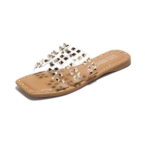 Cape Robbin Womens Gold Spike Studded Slide Sandals Open Toe Slip On Lightweight Comfort for Beach Pool Amisha Clear Size 10