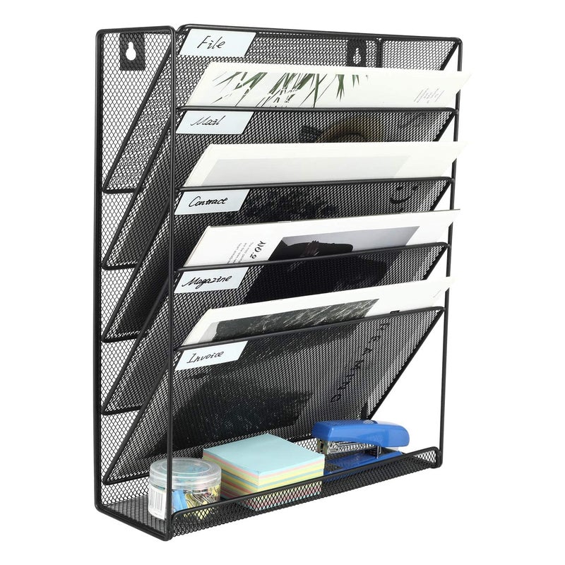 MARAXIS Metal Mesh Wall Magazine Rack, 5-Tier Wall Hanging File Organizer Holder, Wall Mount Shelf Vertical File Rack for Office Home (Black) - Image 3