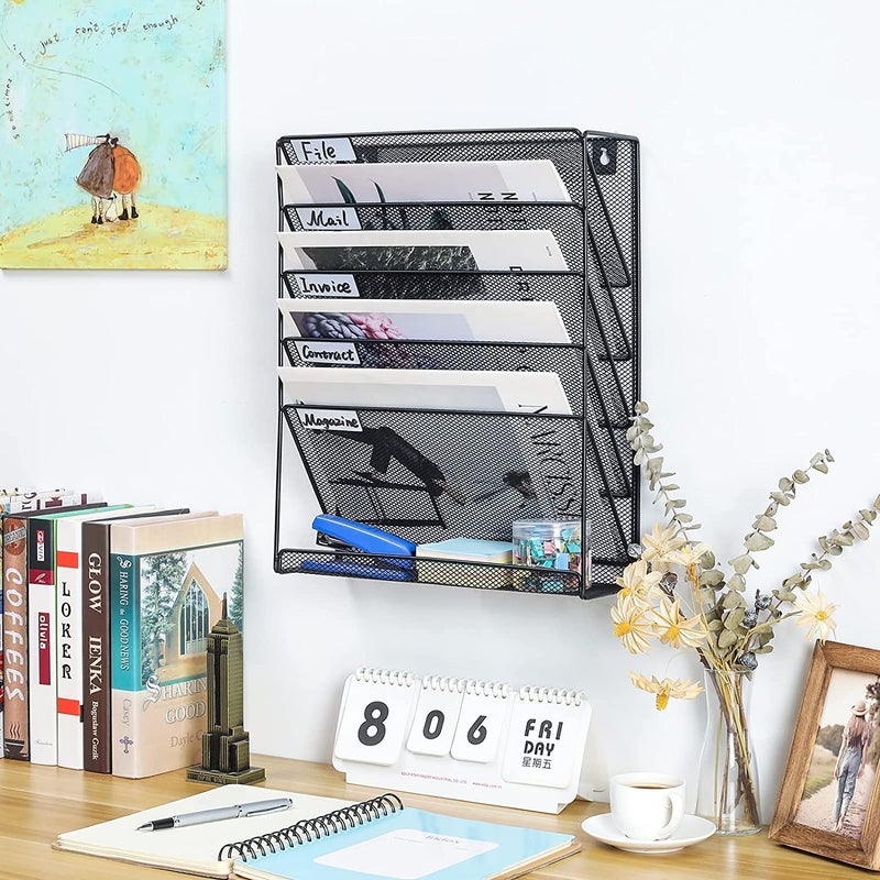 MARAXIS Metal Mesh Wall Magazine Rack, 5-Tier Wall Hanging File Organizer Holder, Wall Mount Shelf Vertical File Rack for Office Home (Black) - Image 5