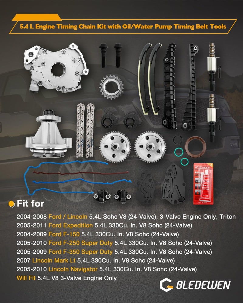 Gledewen Timing Chain Kit 5.4 L, 2004-2011 Ford Expedition F-150 F-250 F-350 Super Duty, Lincoln Mark Lt Navigator, with Oil/Water Pump Timing Belt Tools, 5.4L V8 3-Valve Engine, 5L3Z-6268-A, 3R2Z6A257DA - Image 2