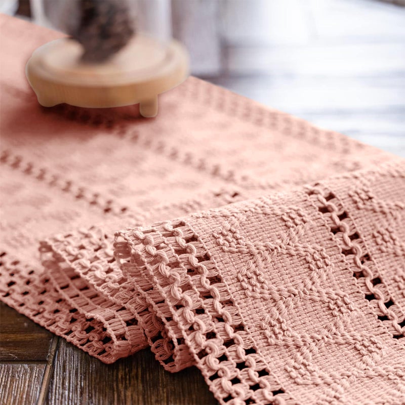 Alynsehom Macrame Table Runner Pure Pink Boho Table Runners with Tassels Hand Woven Cotton Table Runner Rustic Farmhouse Table Runners for Bohemian Kitchen Dining Table(12x71in) - Image 5
