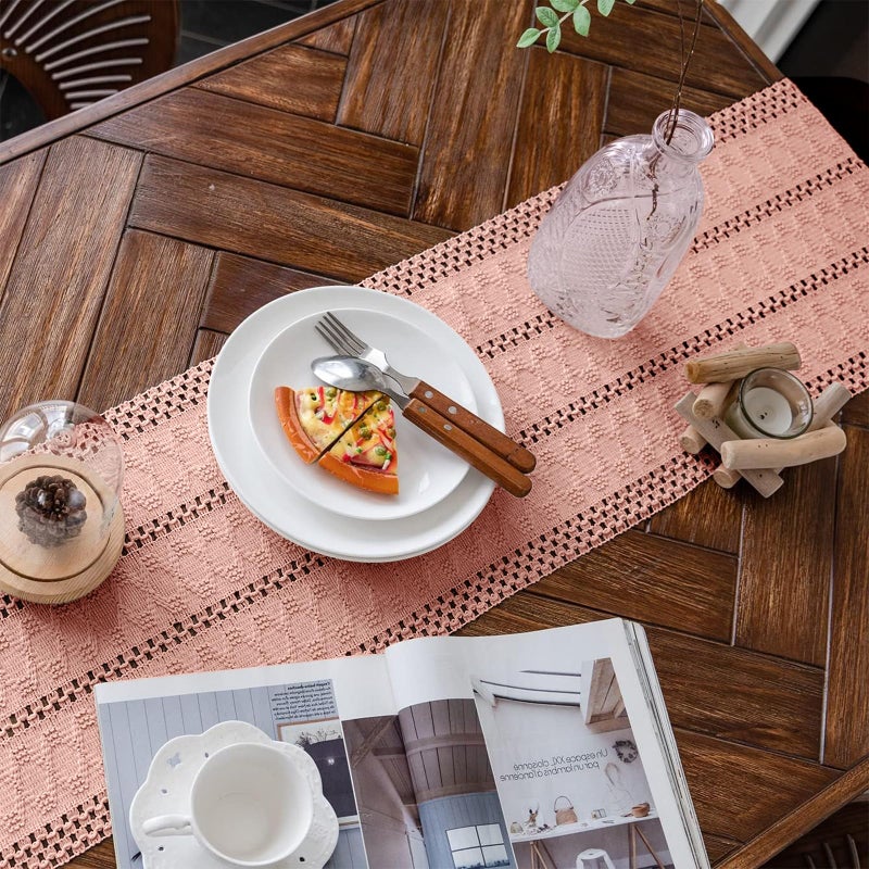 Alynsehom Macrame Table Runner Pure Pink Boho Table Runners with Tassels Hand Woven Cotton Table Runner Rustic Farmhouse Table Runners for Bohemian Kitchen Dining Table(12x71in) - Image 2
