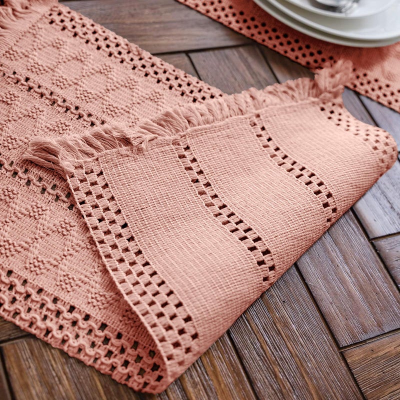 Alynsehom Macrame Table Runner Pure Pink Boho Table Runners with Tassels Hand Woven Cotton Table Runner Rustic Farmhouse Table Runners for Bohemian Kitchen Dining Table(12x71in) - Image 4