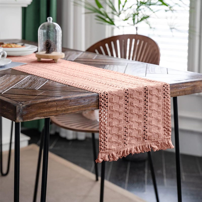 Alynsehom Macrame Table Runner Pure Pink Boho Table Runners with Tassels Hand Woven Cotton Table Runner Rustic Farmhouse Table Runners for Bohemian Kitchen Dining Table(12x71in) - Image 3
