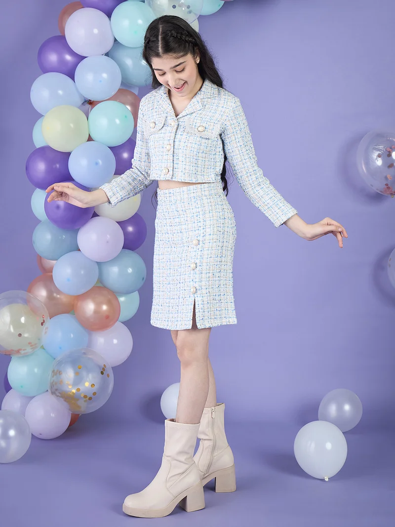 Cherry & Jerry Girl Crop Jacket & Pencil Skirt Blue Checked Tweed Knee Length Clothing Set