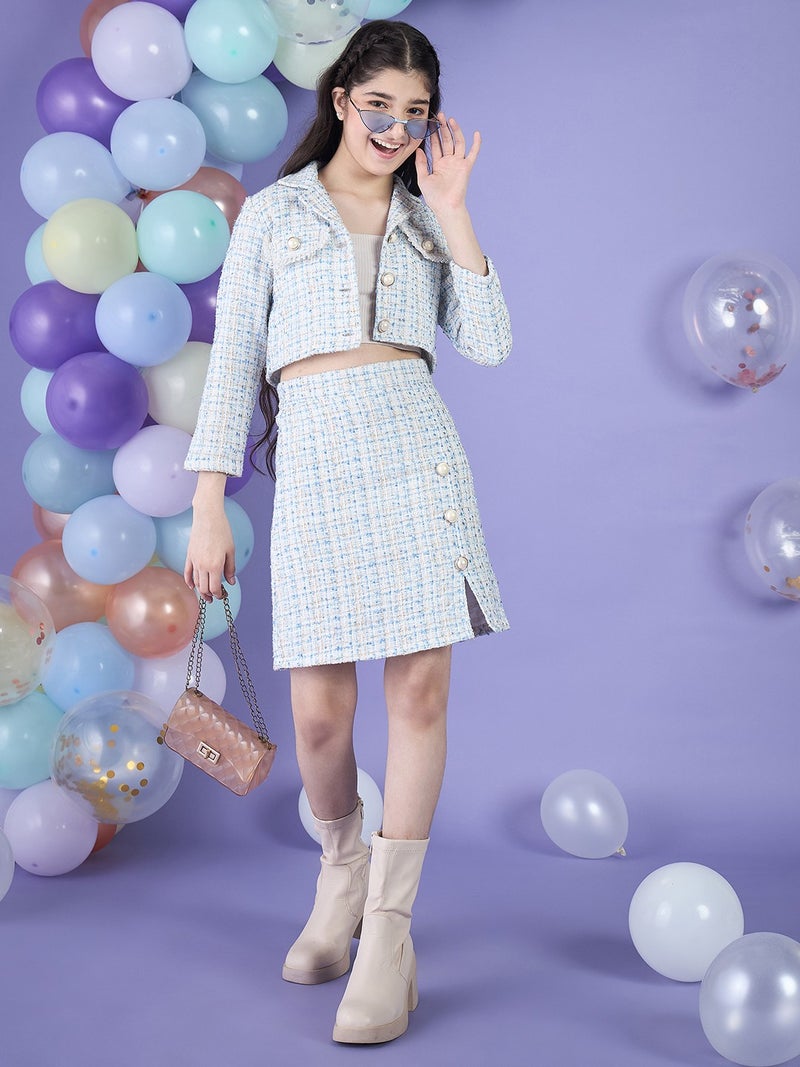 Cherry & Jerry Girl Crop Jacket & Pencil Skirt Blue Checked Tweed Knee Length Clothing Set - Image 5