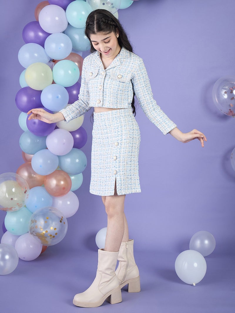 Cherry & Jerry Girl Crop Jacket & Pencil Skirt Blue Checked Tweed Knee Length Clothing Set - Image 1