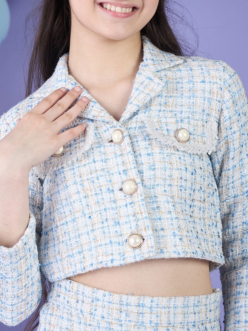 Cherry & Jerry Girl Crop Jacket & Pencil Skirt Blue Checked Tweed Knee Length Clothing Set - Image 3