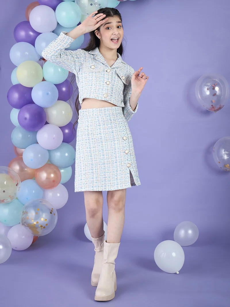 Cherry & Jerry Girl Crop Jacket & Pencil Skirt Blue Checked Tweed Knee Length Clothing Set