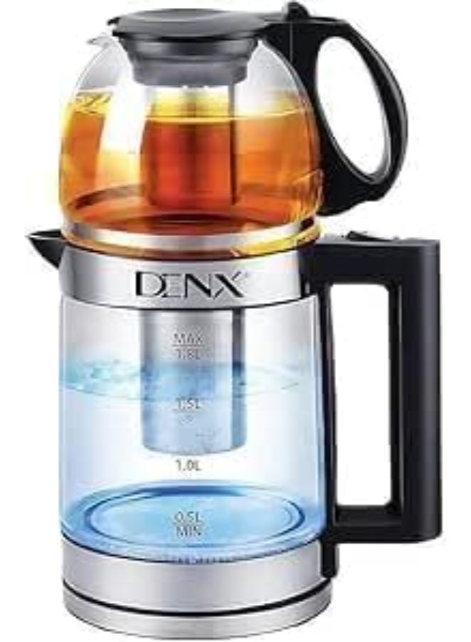 DENX DX2015 غلاية كهربائية مزدوجة، بقدرة 1500 واط مع غليان سريع، غلاية مياه زجاجية بسعة 1.8 لتر وإبريق شاي زجاجي بسعة 1.0 لتر، مزودة بمصفاة شاي من الستانلس ستيل قابلة للإزالة، وقاعدة دوارة 360°، مثالية لتحضير الشاي في المنزل والمكتب.