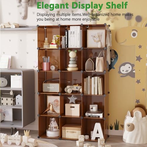 C&AHOME 16-Cube Storage Organizer, Plastic Shelves Units, DIY Closet Organizer, Modular Shelves Ideal for Home, Bedroom, 48.4" L 12.4" W 48.4" H Brown UPCS16C - Image 4