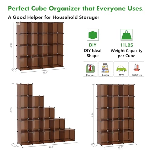 C&AHOME 16-Cube Storage Organizer, Plastic Shelves Units, DIY Closet Organizer, Modular Shelves Ideal for Home, Bedroom, 48.4" L 12.4" W 48.4" H Brown UPCS16C - Image 5