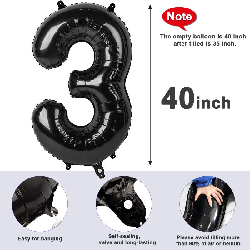 Mluchee Numbers Balloon 3, 40 Inch Large Black Balloon for Three Year Old Birthday Decor, 3 13 30 31 Birthday Party Decorations for Wedding Supplies - Image 5