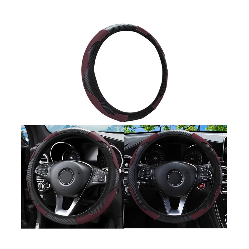 Car Steering Wheel Cover, Microfiber PU Leather Elastic Carbon Fiber Auto Steering Wheel Protector, 15 Inch Breathable Anti-Slip for Women Men, Car Interior Accessories for Most Cars (Black/Wine Red)