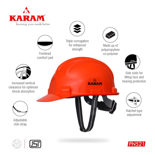 KARAM PN521 Safety Helmet for Men Construction Helmet | Ratchet Type Adjustment with Adjustable Chin Strap | Work Helmet with Side Slot for Attachment | is:2925:1984 Certified | Orange - Image 3