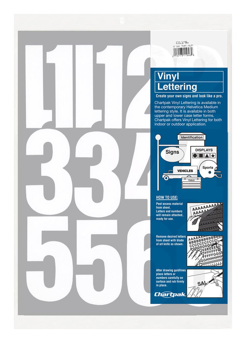 Chartpak SelfAdhesive Vinyl Numbers 4 Inches High White 23 per Pack 01196