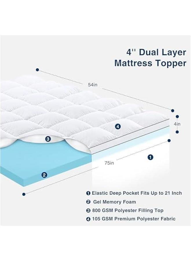 Arabest 4 Inch Dual-Layer Memory Foam Mattress Topper with Cooling Pillow Top and Gel Memory Foam - Full Size, White - Image 2