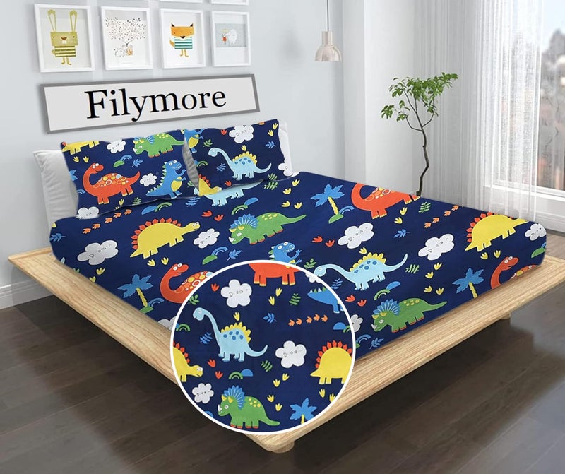 Filymore Danasour Bedsheet Made with Microfiber Wrinkle Free Soft Hypoallergenic | Floral Printed Double Bed Queen/King Size for Kids (90x90 Inches/Boys Girls Room)(Blue) - Image 1