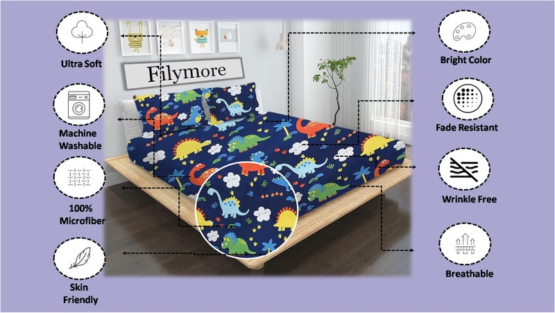 Filymore Danasour Bedsheet Made with Microfiber Wrinkle Free Soft Hypoallergenic | Floral Printed Double Bed Queen/King Size for Kids (90x90 Inches/Boys Girls Room)(Blue) - Image 2