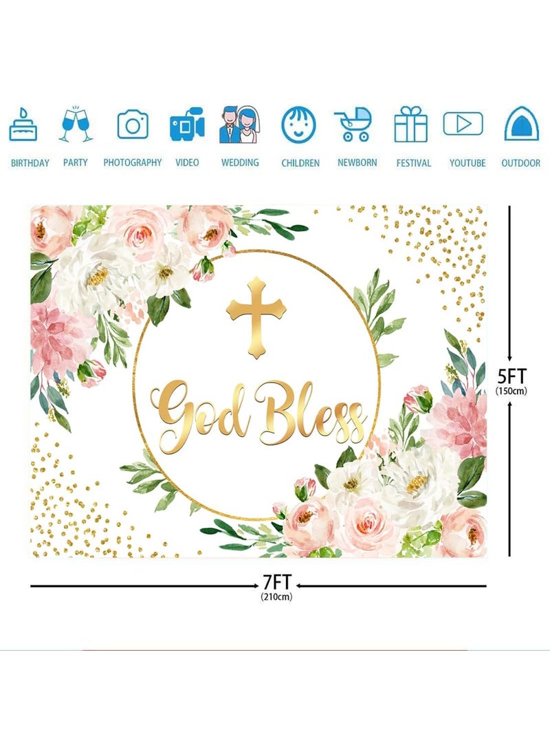 Ticuenicoa Ticuenicoa 7x5ft Pink Floral God Bless Baptism Backdrop for Girl First Communion Background Gold Glitter Dots Christening Baby Shower Party Decorations Banner Photo Favors  - Image 3