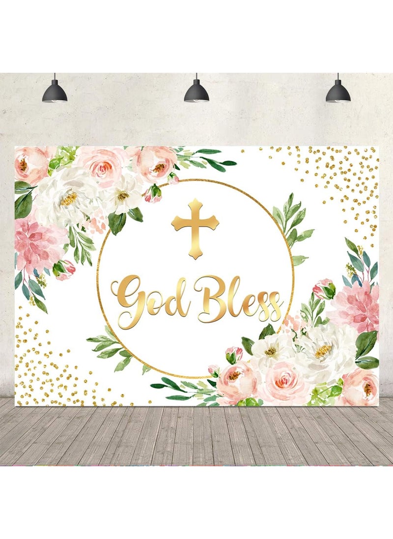 Ticuenicoa Ticuenicoa 7x5ft Pink Floral God Bless Baptism Backdrop for Girl First Communion Background Gold Glitter Dots Christening Baby Shower Party Decorations Banner Photo Favors  - Image 4