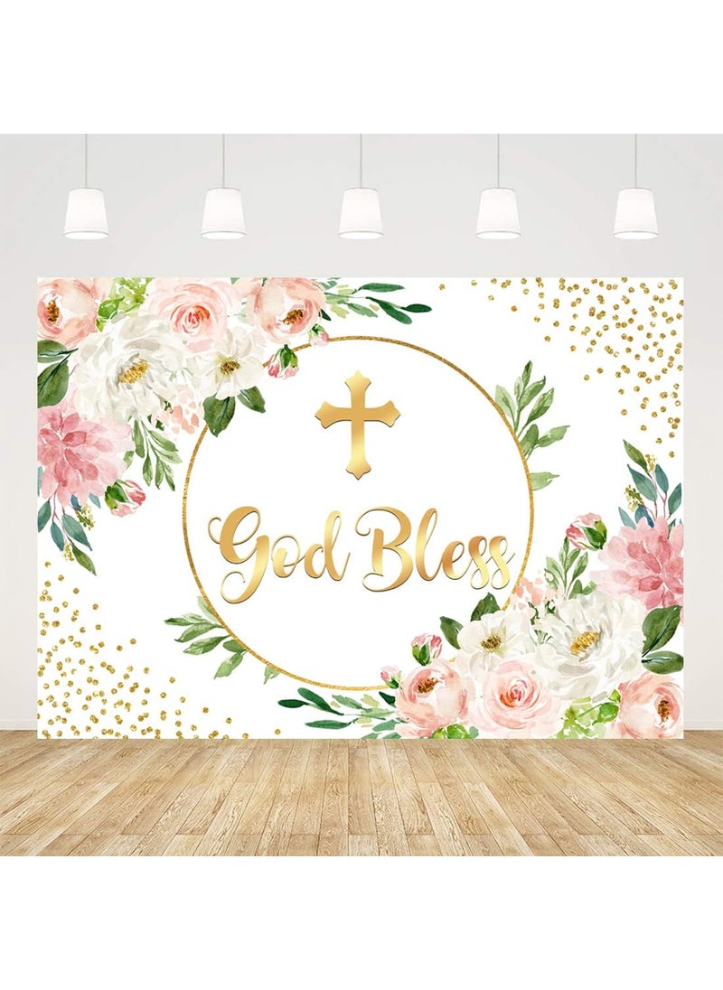 Ticuenicoa Ticuenicoa 7x5ft Pink Floral God Bless Baptism Backdrop for Girl First Communion Background Gold Glitter Dots Christening Baby Shower Party Decorations Banner Photo Favors  - Image 1